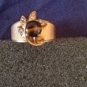 18K Gold HGE Tiger Eye and Rhinestone Women's Ring Size 6.5